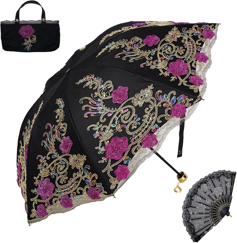 Aikelai Vintage Lace Umbrella, UPF50+ Sun Umbrella, 3D Flower Chinese Embroidery Compact Folding Umbrella for Walking, Wedding, Tea Party,Photo Shooting - Image 1